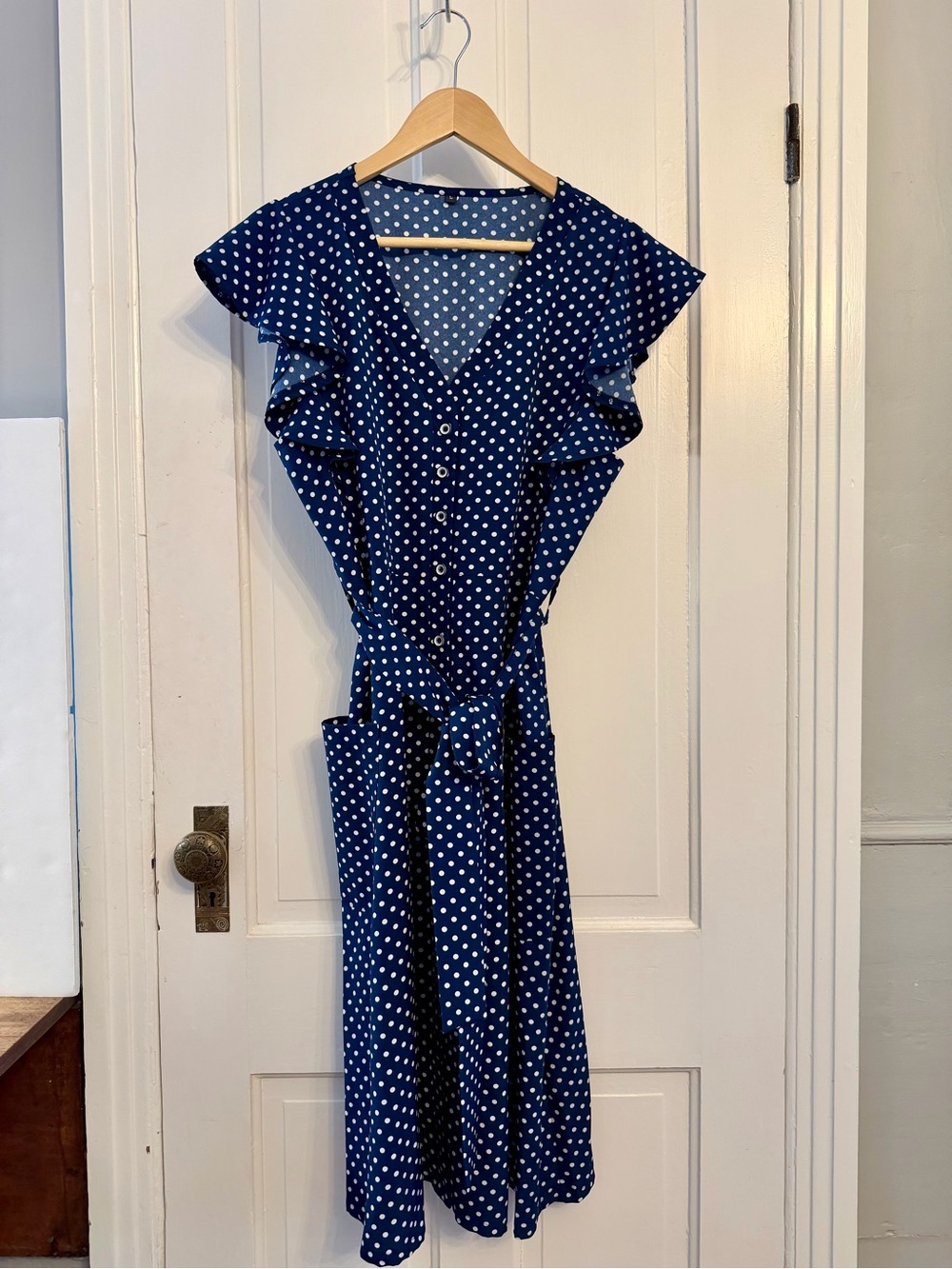 Navy and White Polka Dot Ruffle Sleeve Belted Midi Dress